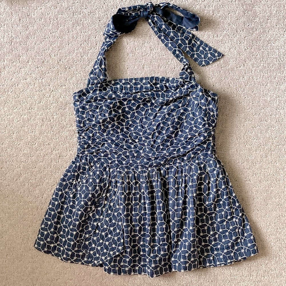 Maeve "Star Trails" navy embroidered halter top, Sz 4.